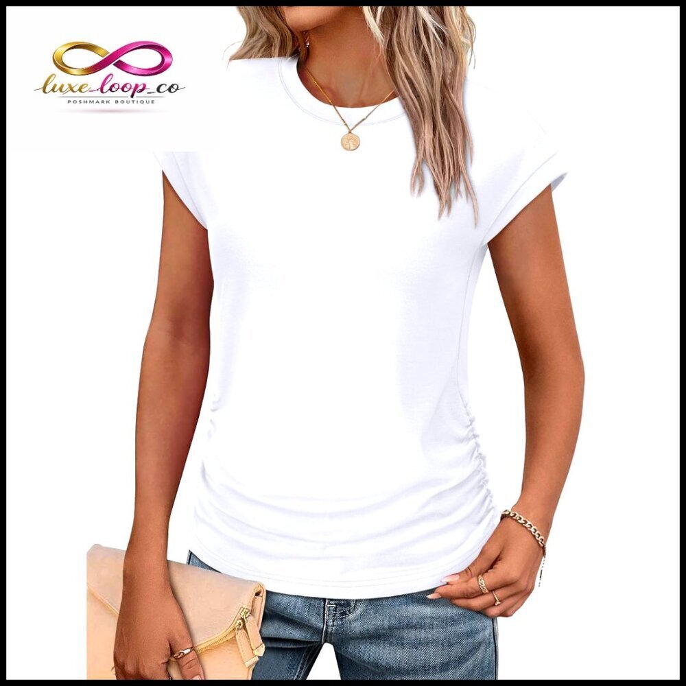 Ruched Cap Sleeve T-Shirt Loose Fit Polyester Blend Summer Top Trendy